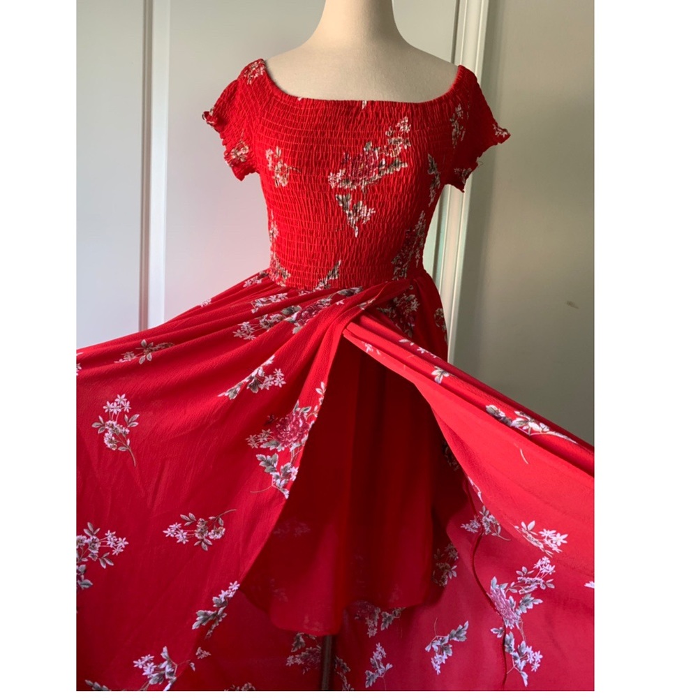 Red maxi boho floral dress
